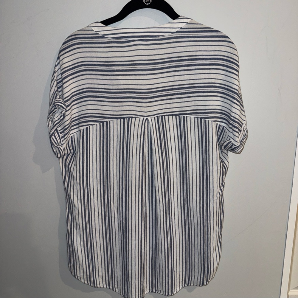 Beachlunchlounge Blue and White Striped Shirt V Neck Pocket Small Petite - Picture 7 of 10